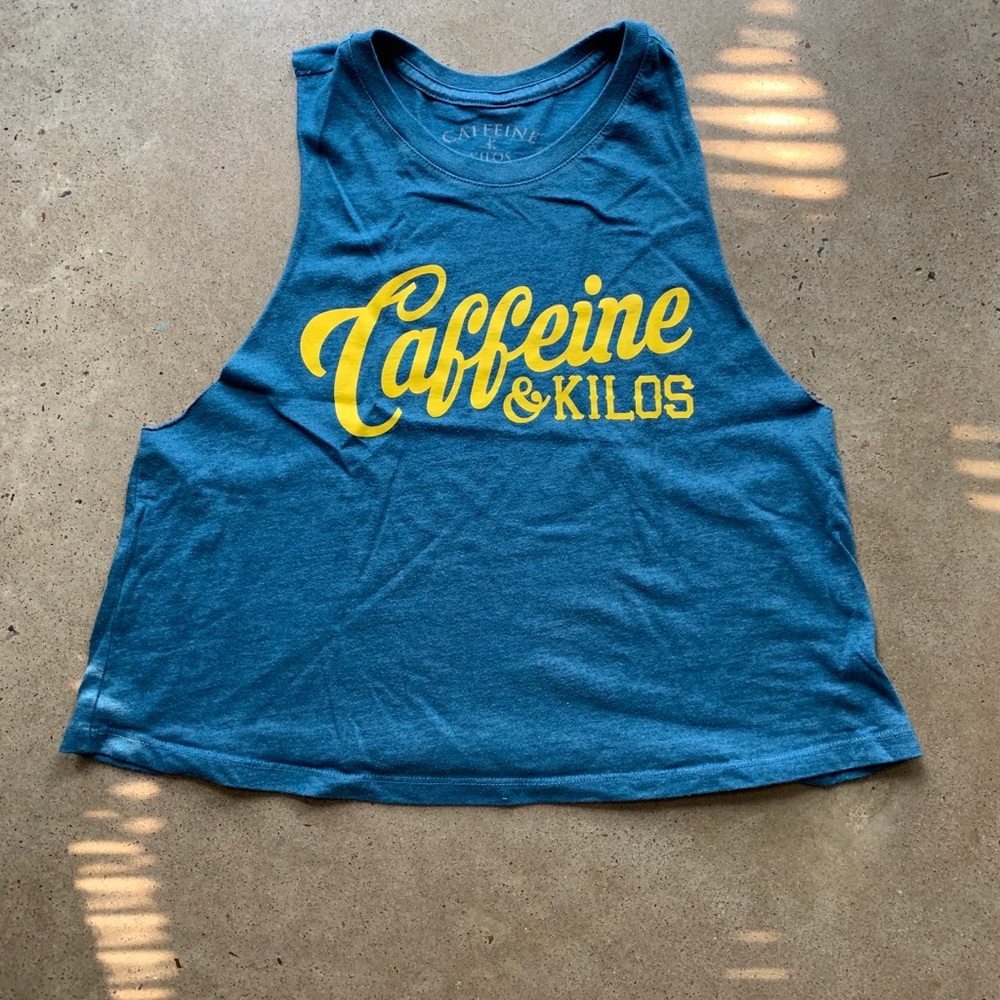 Caffeine & Kilos script muscle tank teal - M